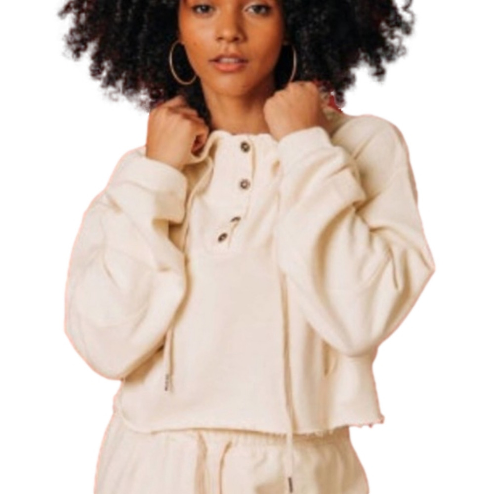 NEW POL Cropped Boxy Long Sleeve Henley Funnel Neck Hoodie Size L